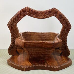Vintage Hand Carved Wooden Collapsible Fruit Basket, Bowl Himalayan Rosewood
